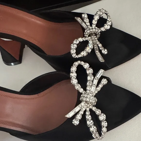 Amina Muaddi Black Heels with Crystal Bow - Picture 5 of 8